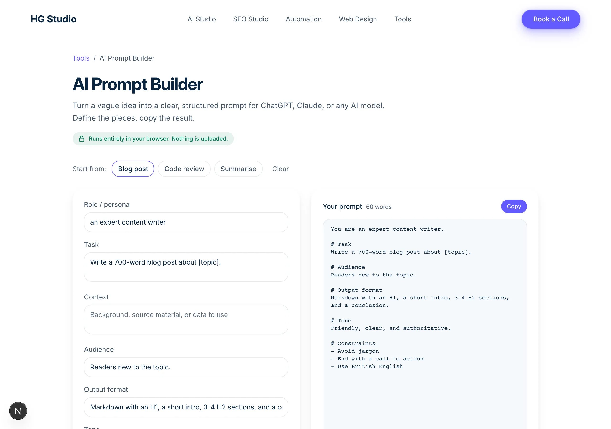 HG Studio's AI Prompt Builder — role, task and context fields on the left, a structured prompt preview on the right