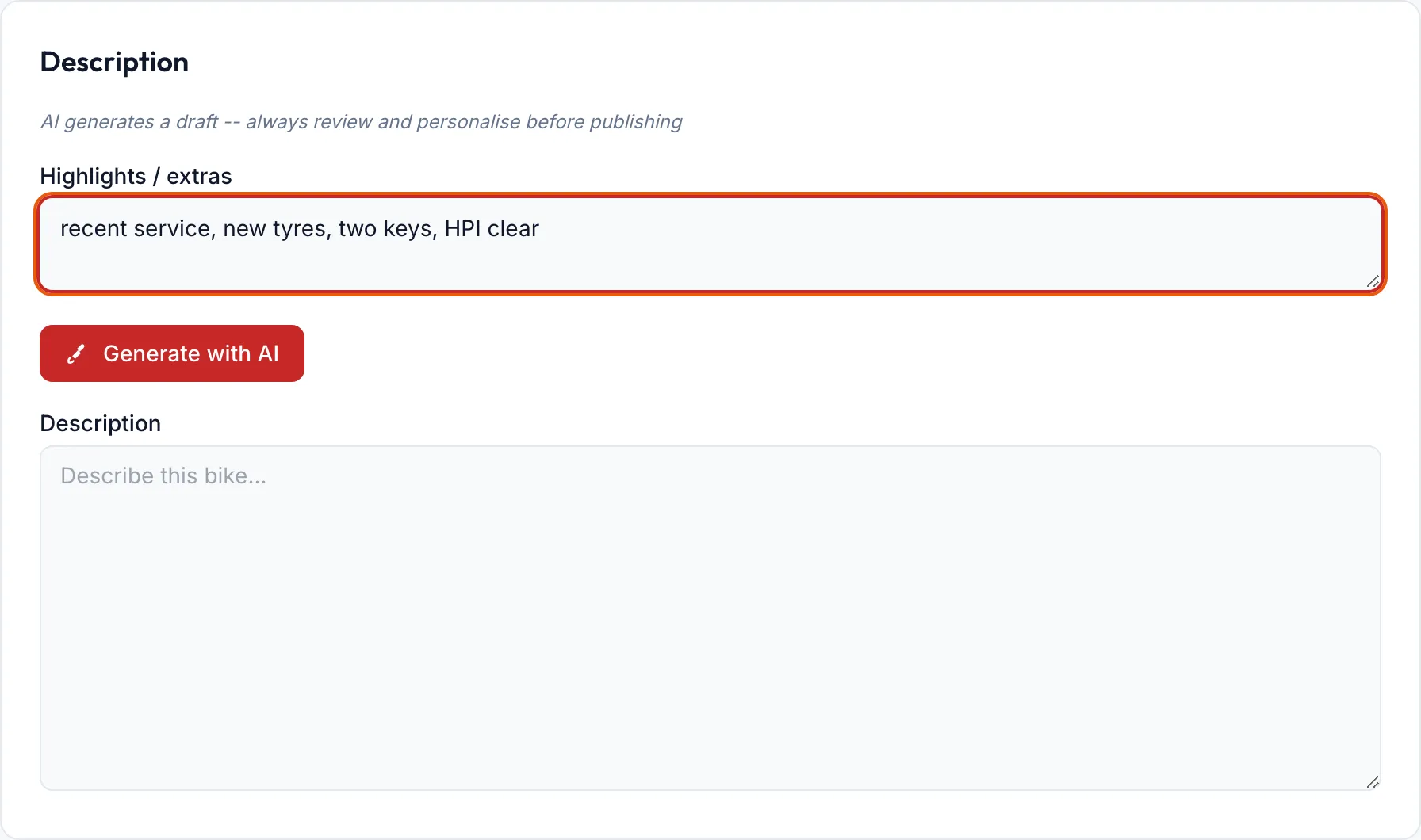 LozMoto admin — the Generate with AI button with a one-line highlights field, before generation