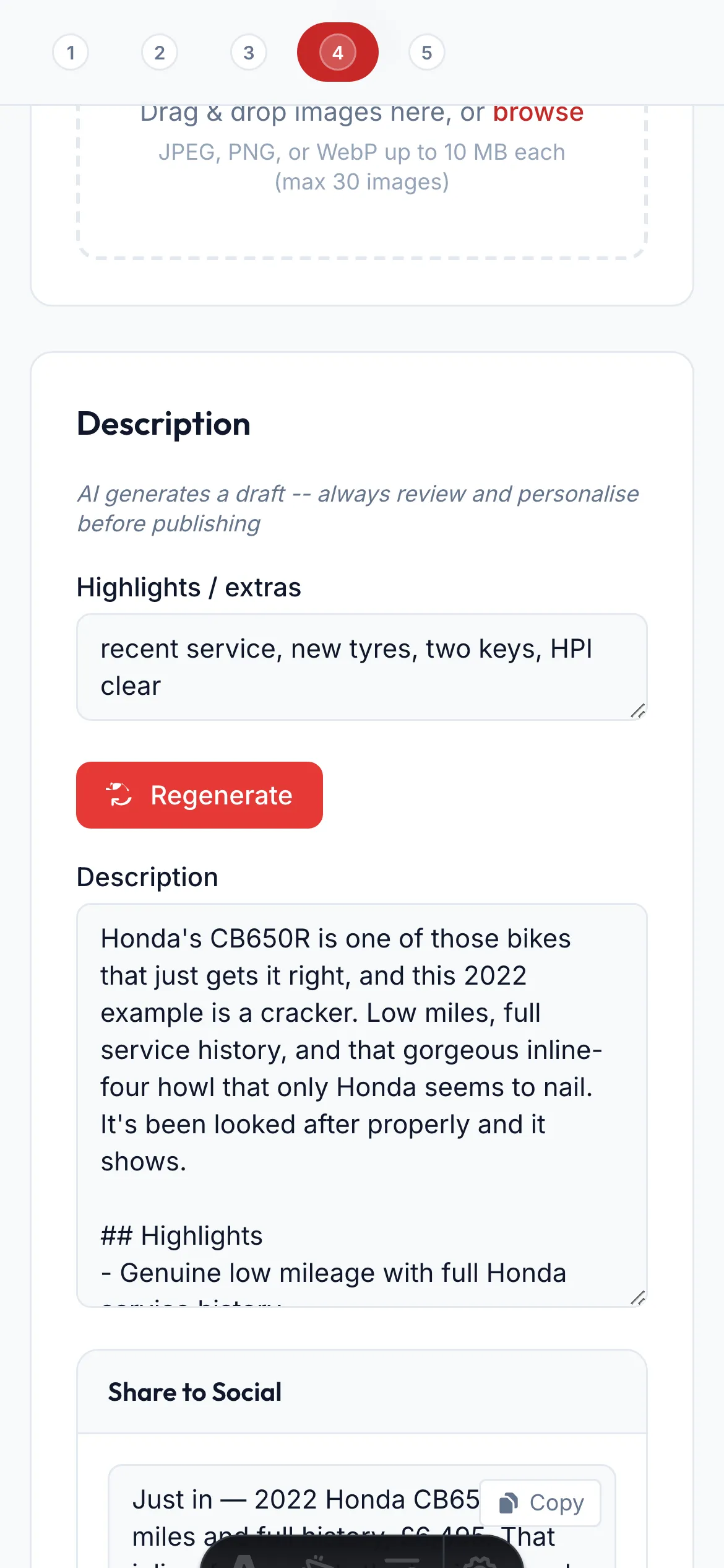 The AI listing flow on mobile — generated description and one-tap share to social