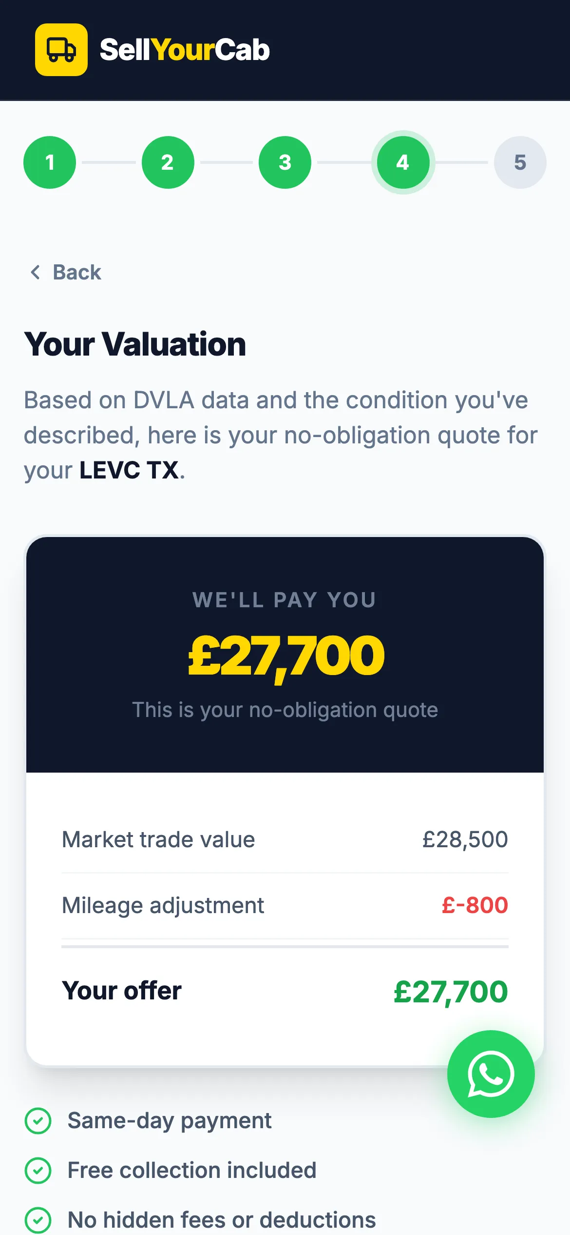 The customer's side on mobile — an instant cab valuation with a one-tap accept