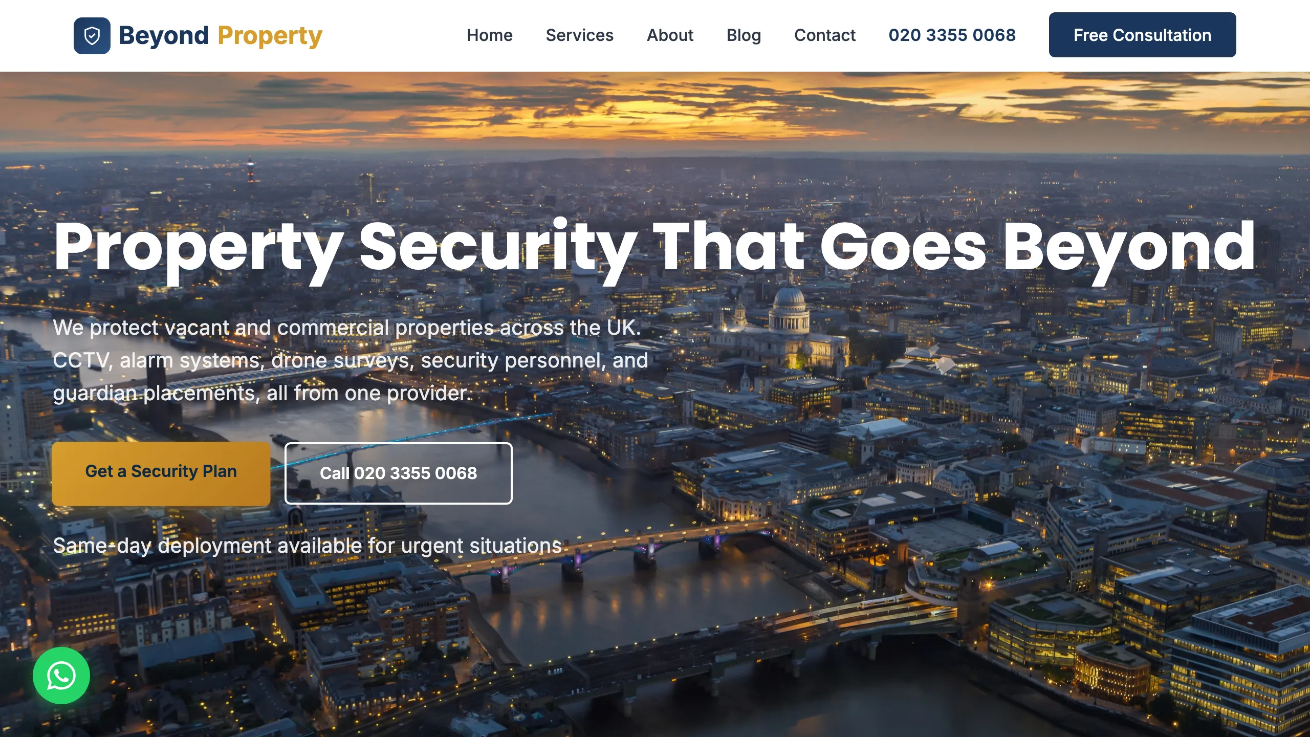 beyondproperty.co.uk — property security homepage over a London skyline with security-plan CTAs