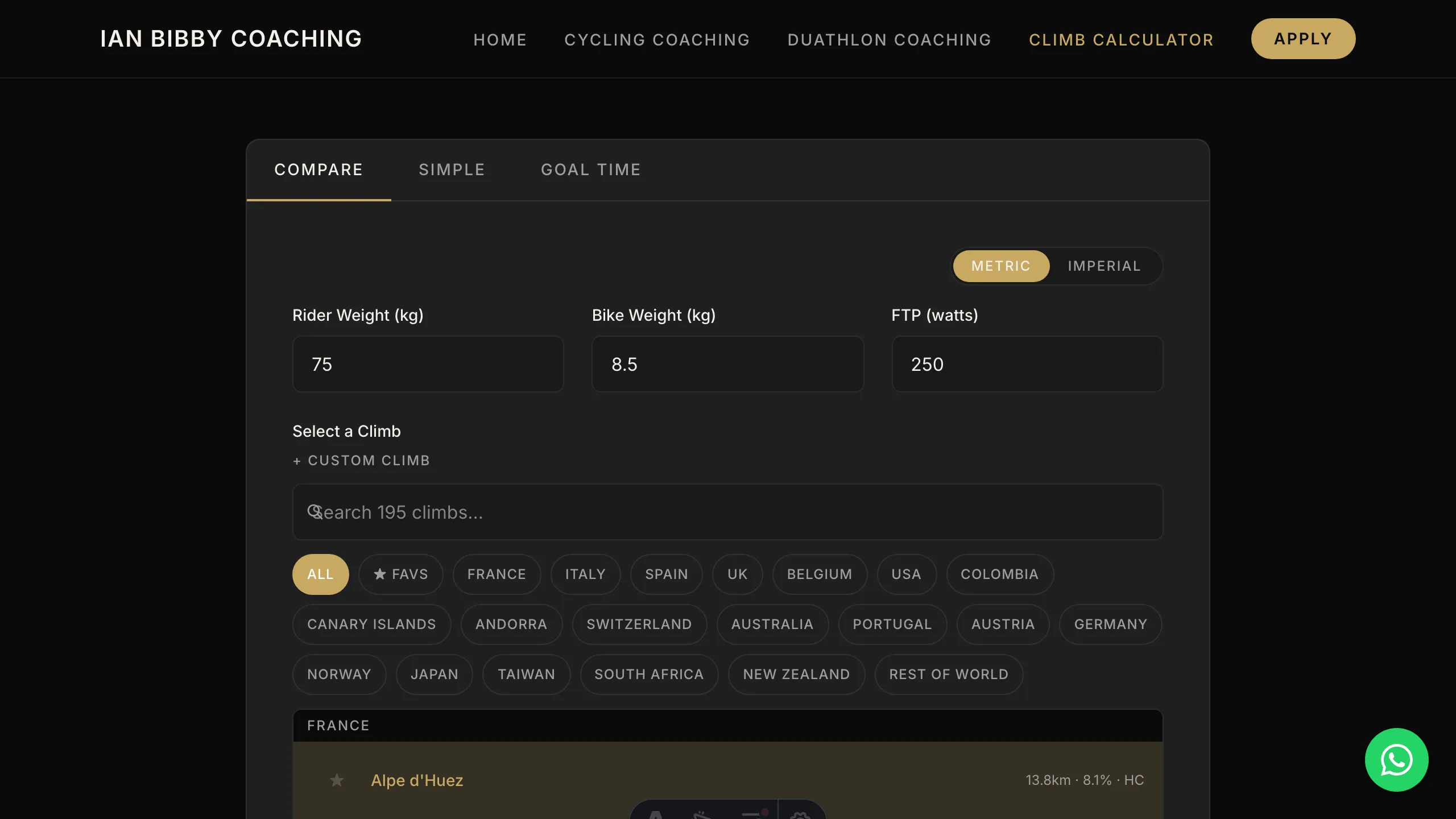 The Climb Calculator on ianbibby.cc — searchable climb library with rider weight, bike weight and FTP inputs