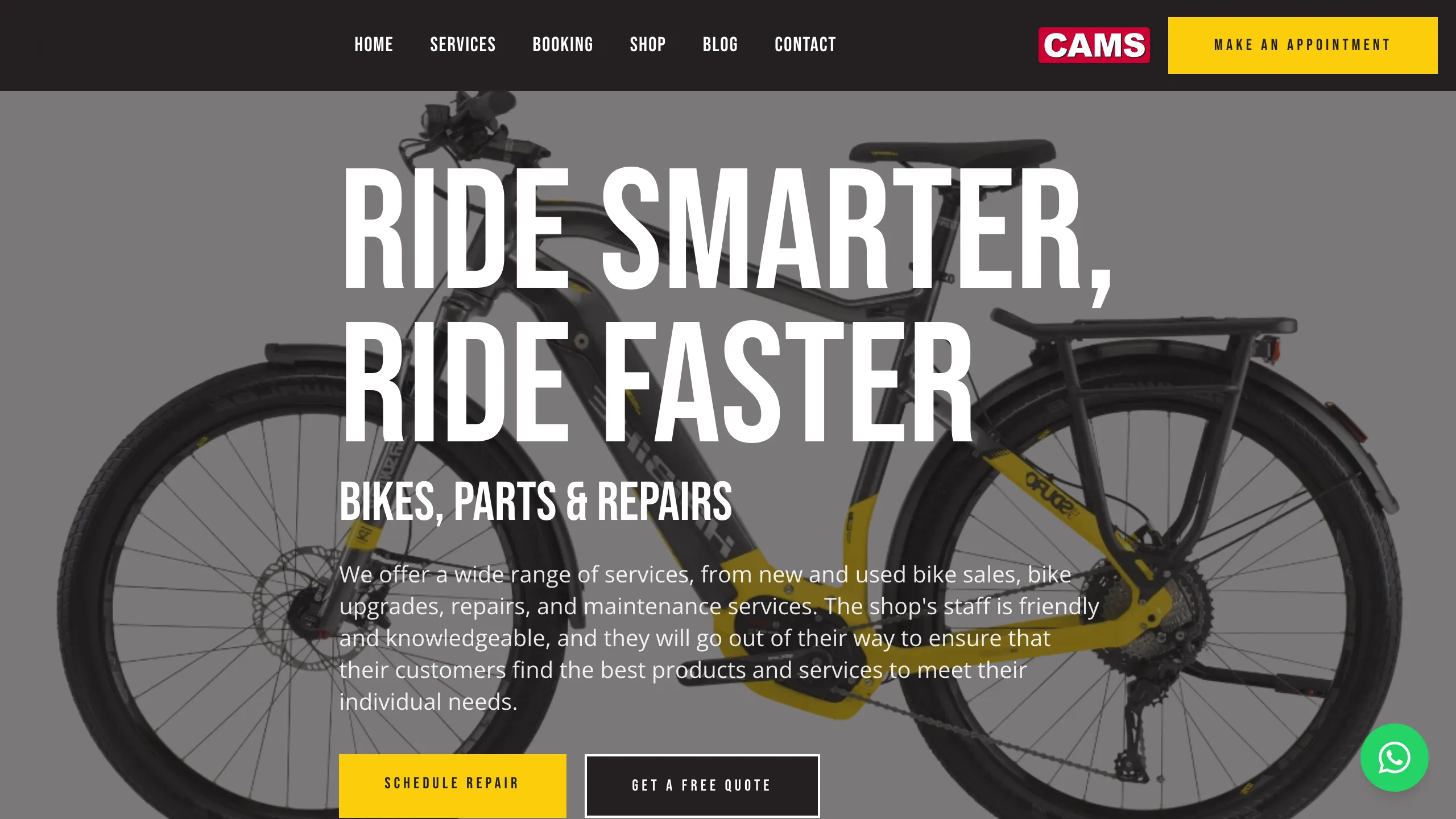 suncycles.org — high-contrast bike shop homepage with repair scheduling and free quotes