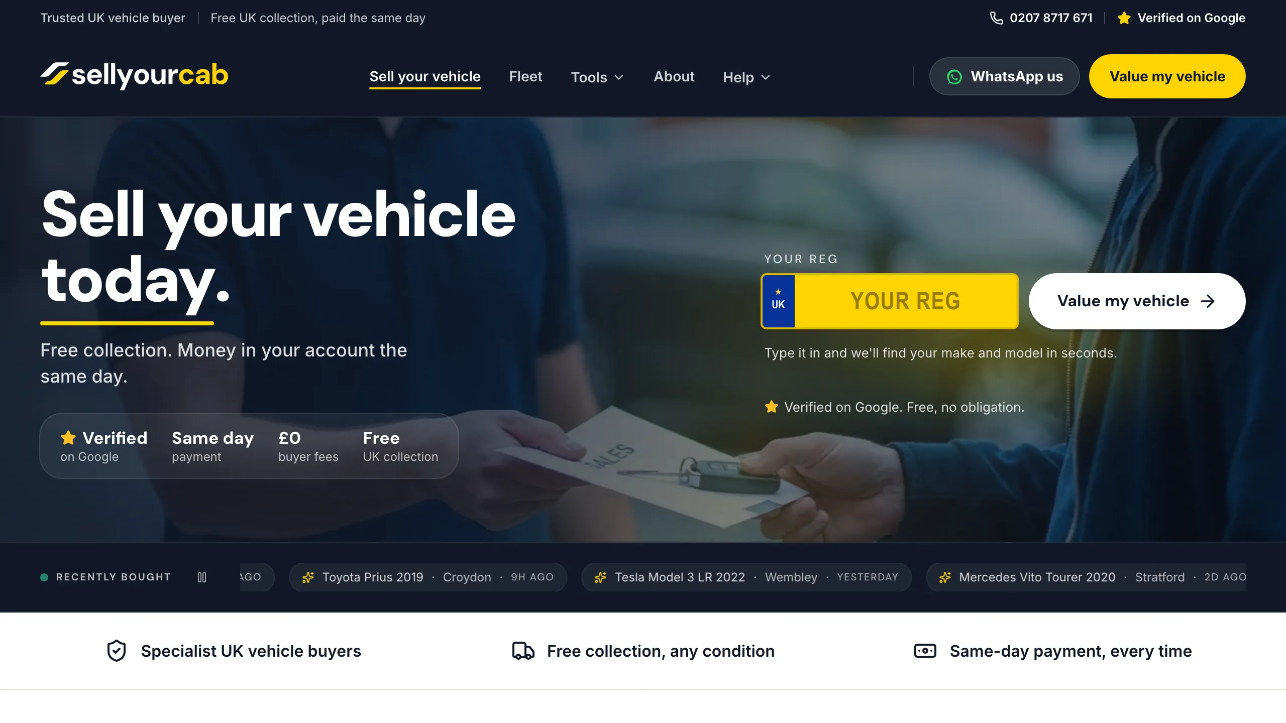 sellyourcab.co.uk homepage after the HG Studio redesign — bold dark hero with an instant number-plate valuation form