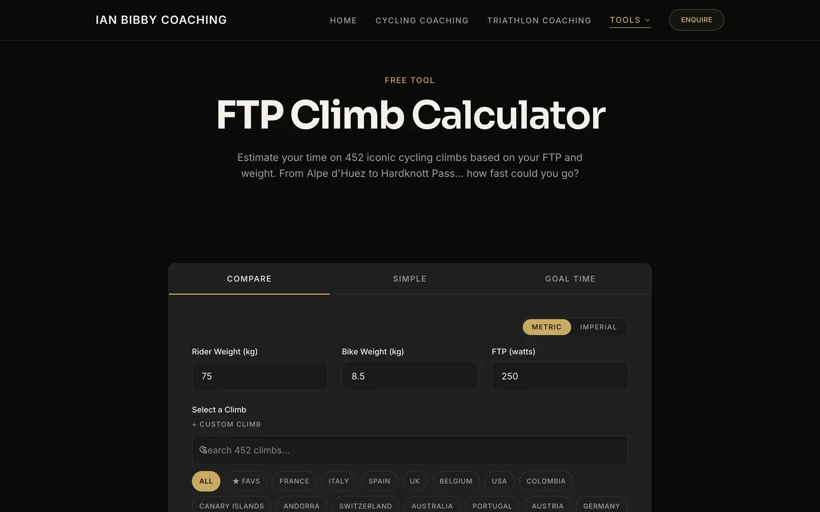The FTP Climb Calculator on ianbibby.cc, built by HG Studio: weight, bike and power fields above a search of 452 climbs