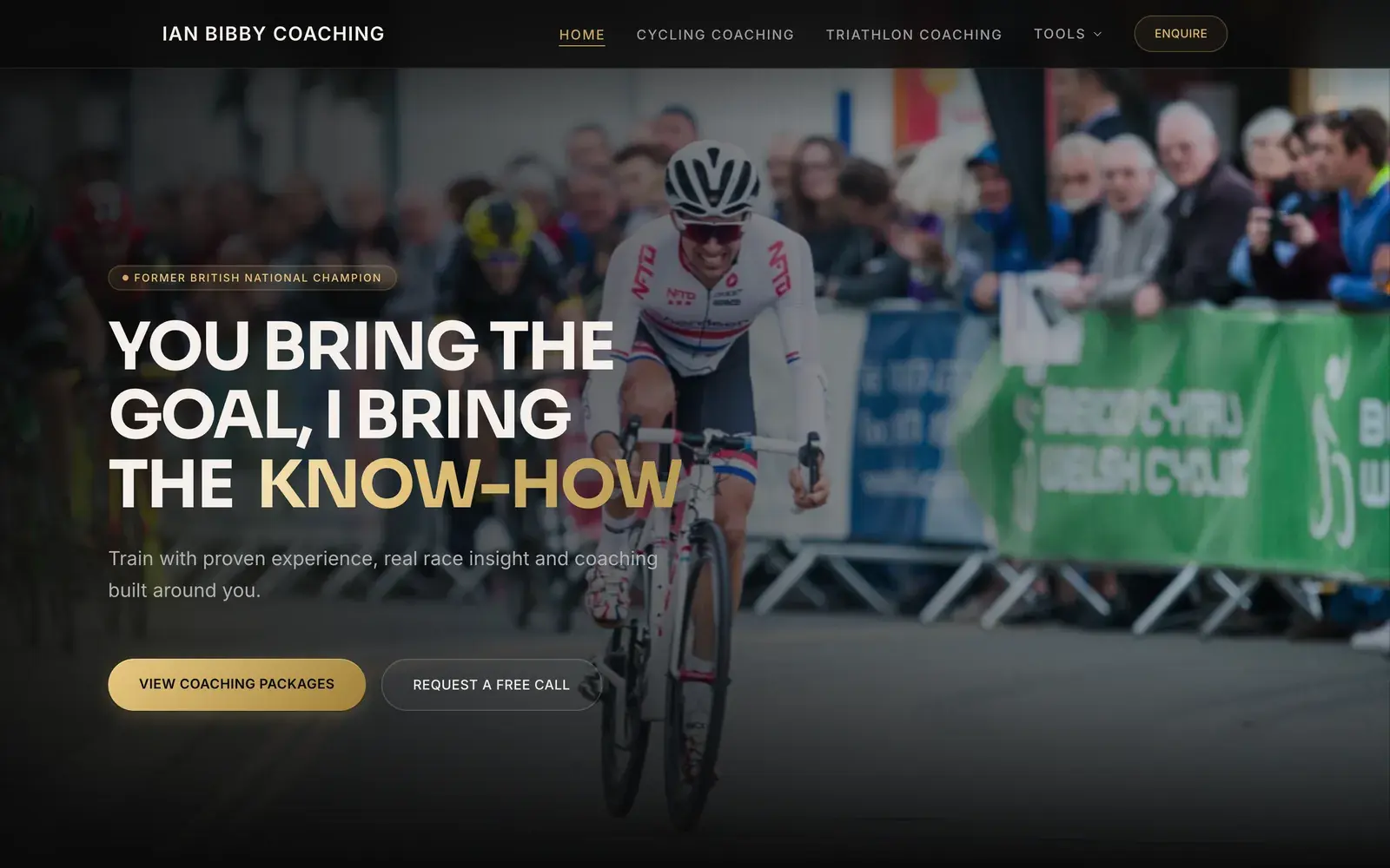 Ian Bibby Coaching home page, built by HG Studio: a racing photo under 'You bring the goal, I bring the know-how'