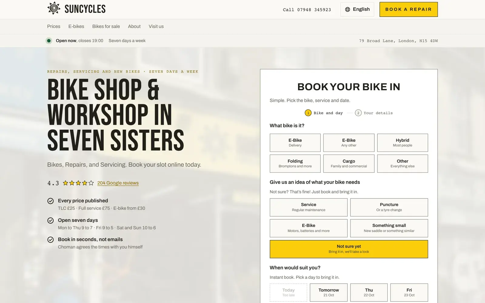 SunCycles home page, built by HG Studio: the 'Book your bike in' repair form beside the headline