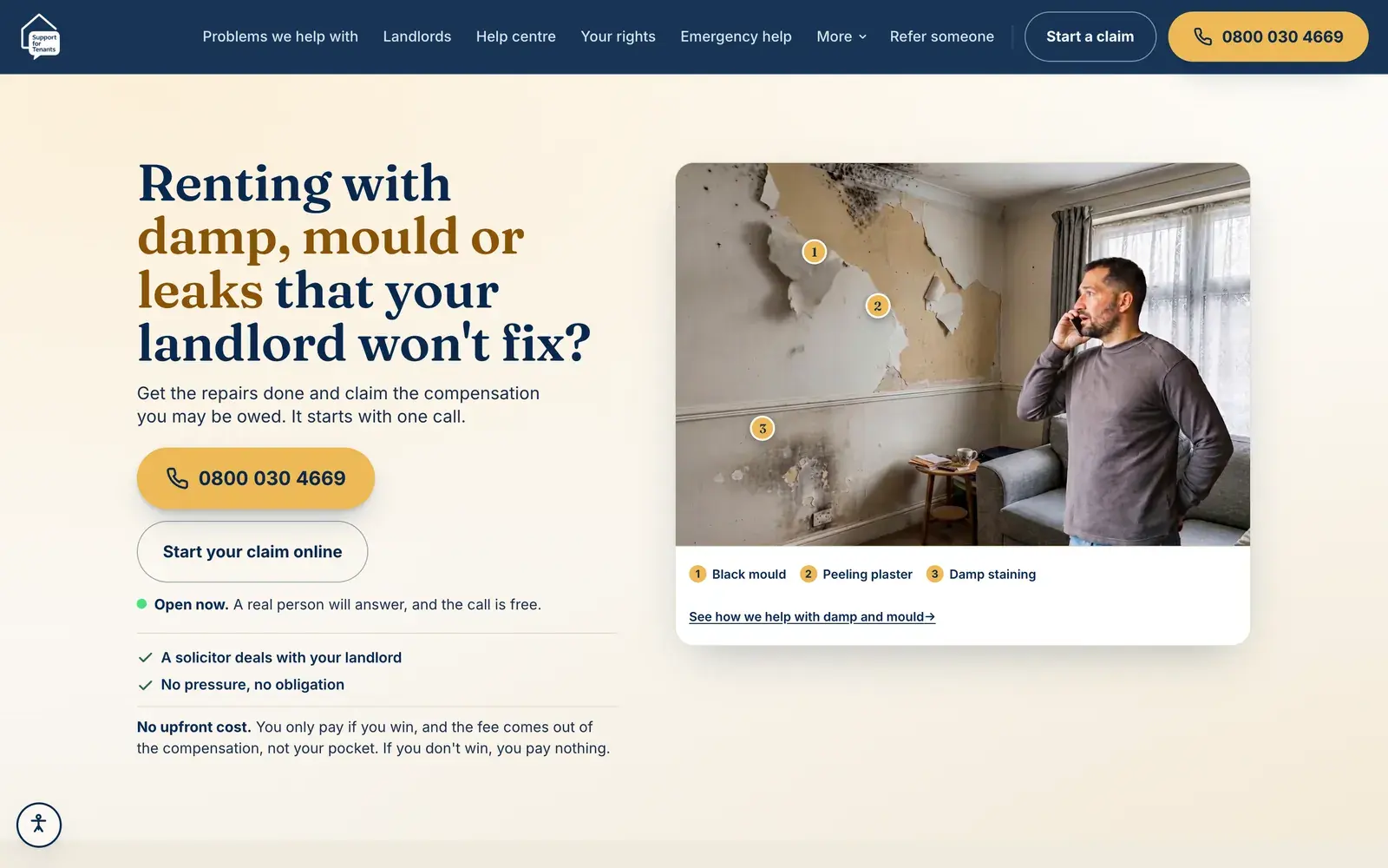 Support for Tenants home page, built by HG Studio: 'Renting with damp, mould or leaks that your landlord won't fix?' with a free phone number