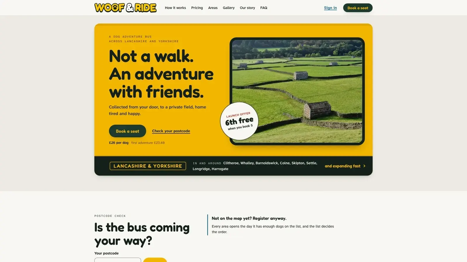 Woof & Ride home page, built by HG Studio: 'Not a walk. An adventure with friends.' with a Book a seat button