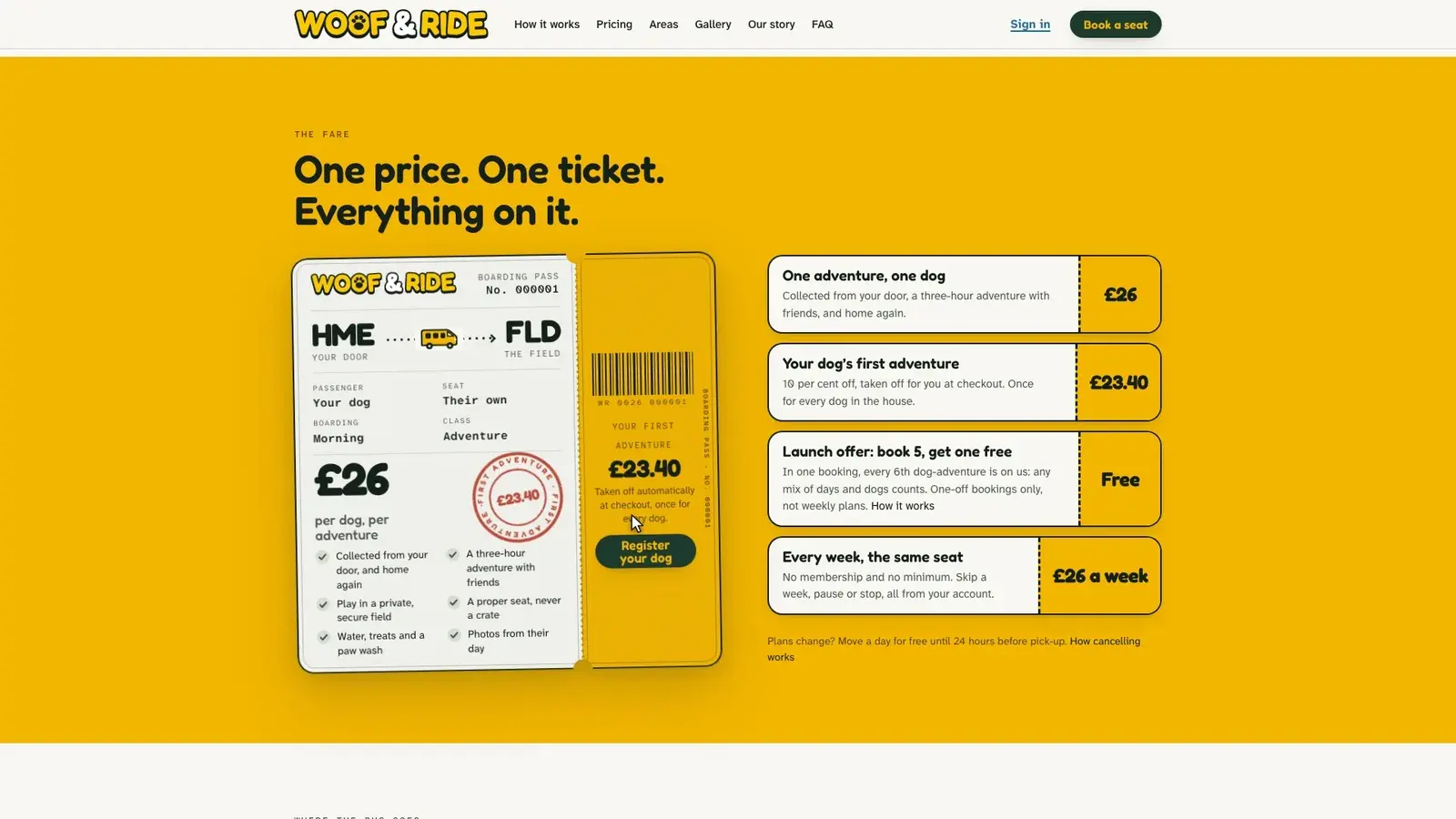 Woof & Ride pricing page, built by HG Studio
