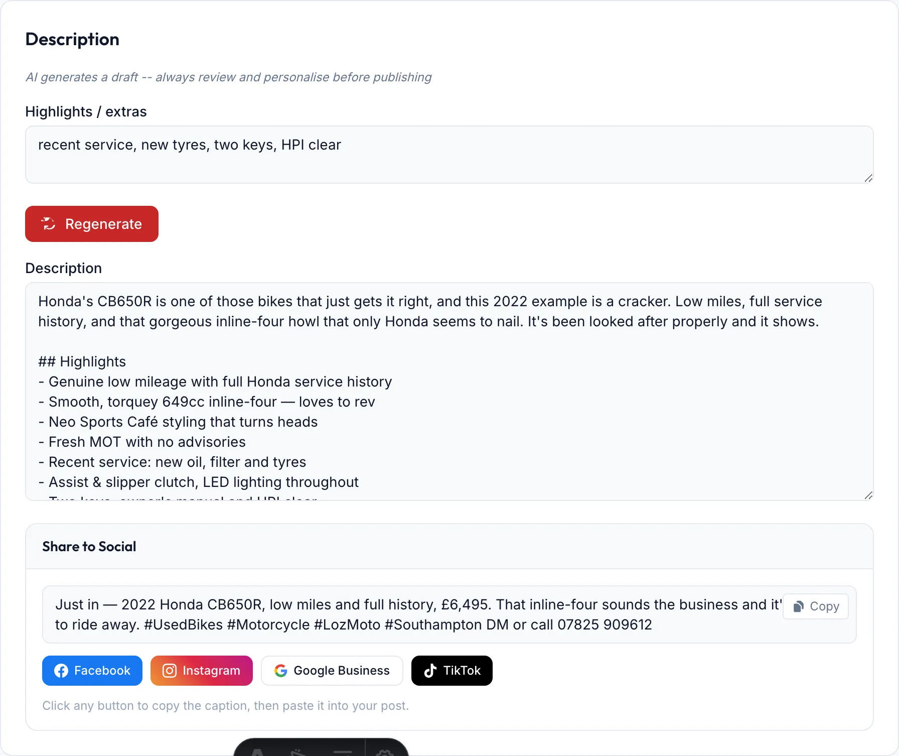 LozMoto admin after generation: an AI-written bike description in the owner's voice plus a social caption