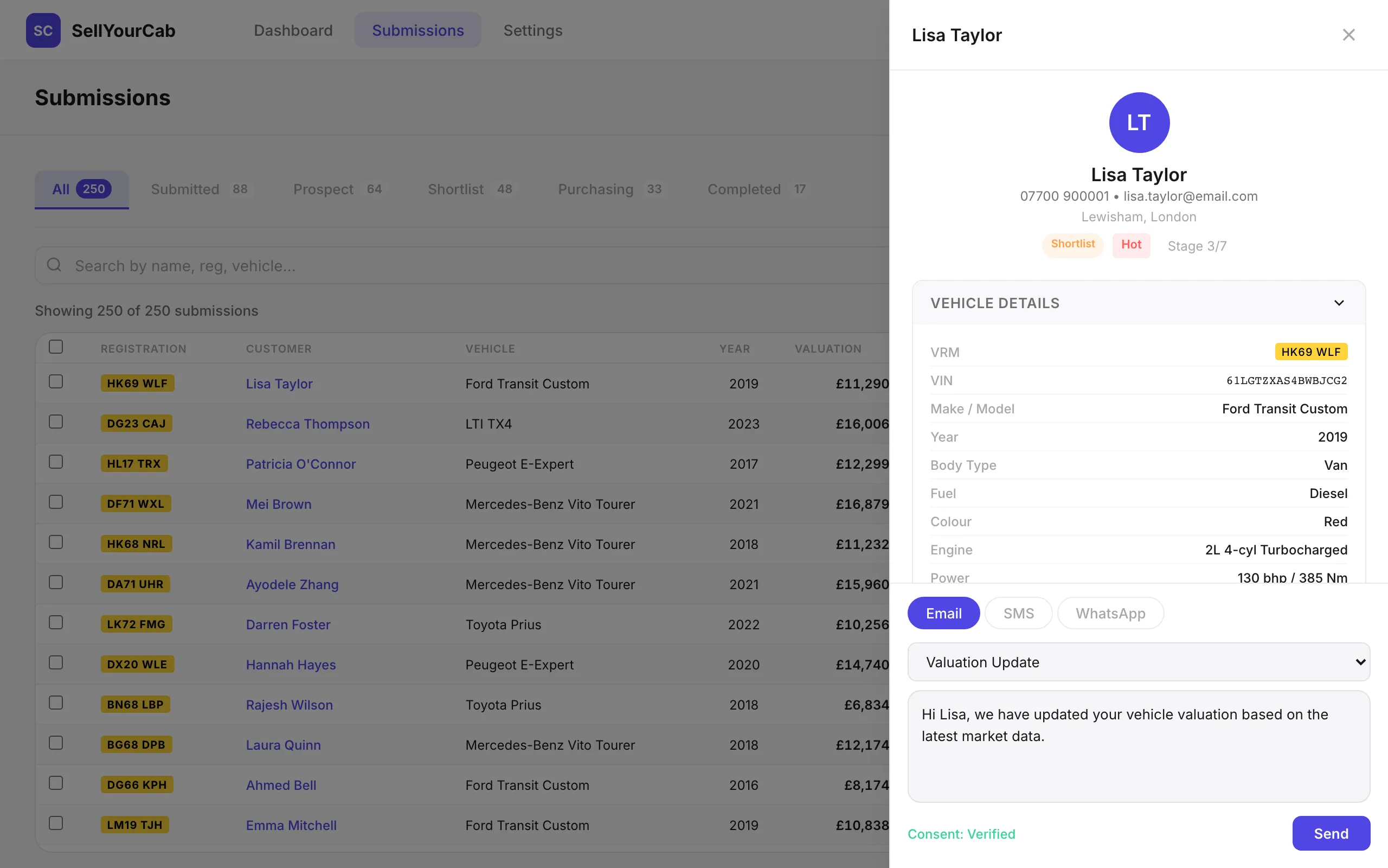 Composing an email to a seller from the record, with consent verified