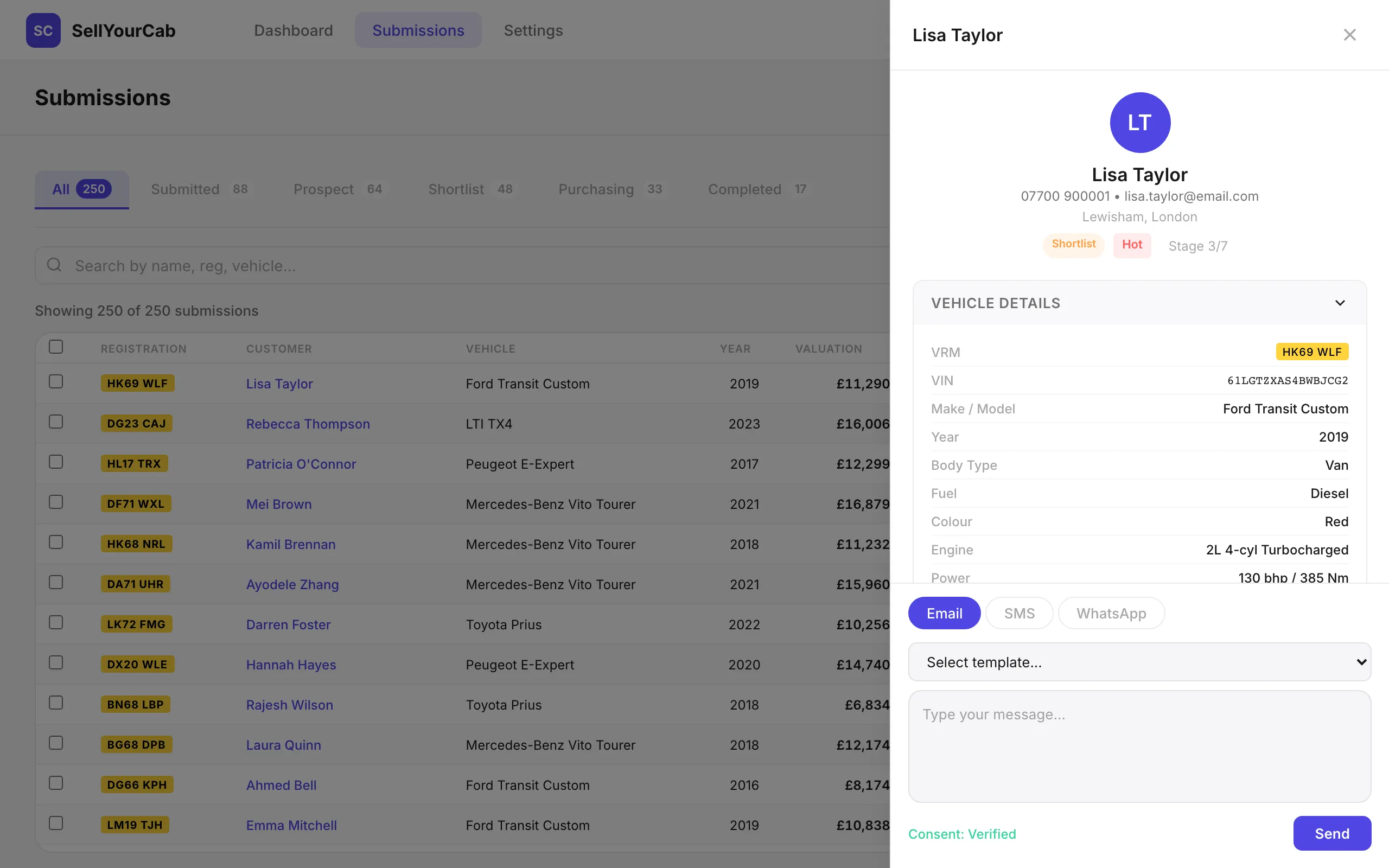 A submission opened: vehicle details from the DVLA, engagement scoring and the message composer