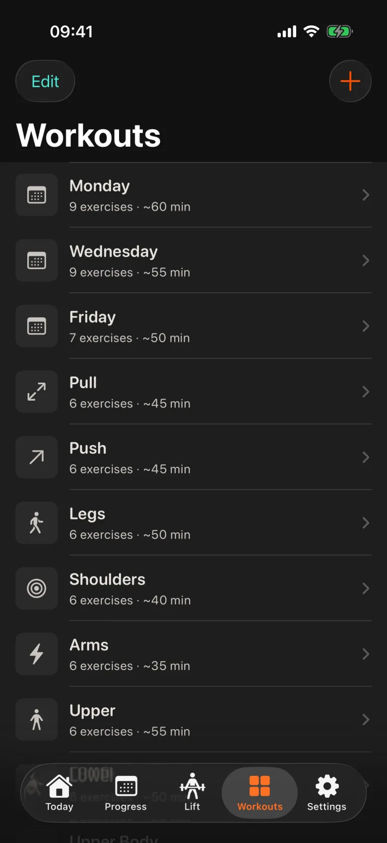 Lift2's Workouts library — Monday, Wednesday and Friday plans alongside Push, Pull, Legs, Shoulders and Arms templates