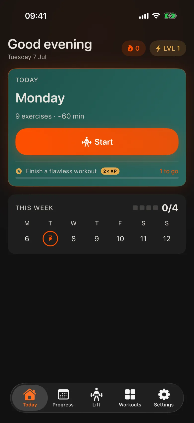 Lift2's Today view — a scheduled Monday session of 9 exercises with the Start button, a 2× XP challenge, and the weekly goal strip