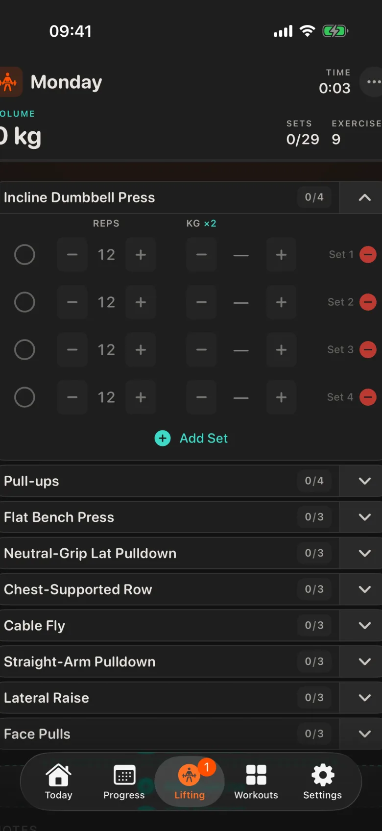 A live Lift2 session — Incline Dumbbell Press tracked set by set, with the session timer, volume and exercise count in the header