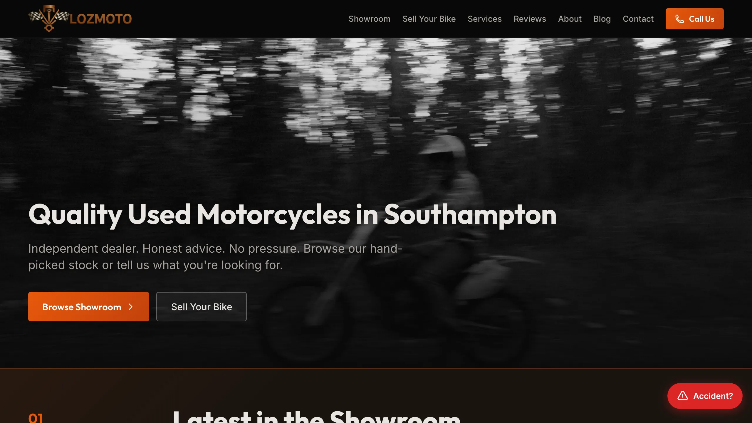 LozMoto home page: quality used motorcycles in Southampton, dark brand-led storefront